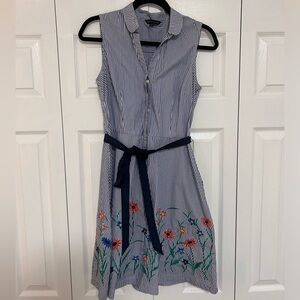 Brooks brothers blue and white striped dress w/ embroidered florals